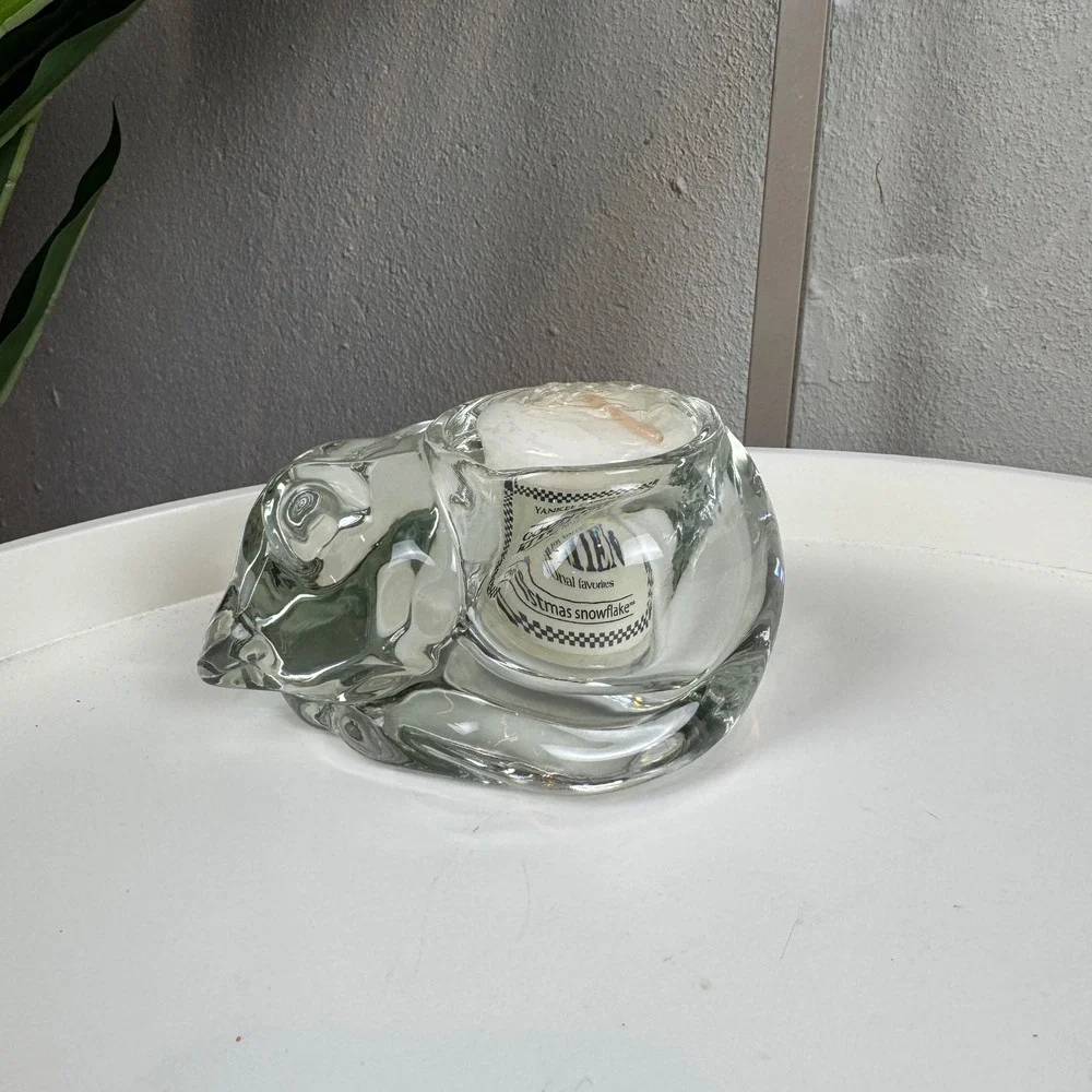 Cottagecore Cozy Vintage Indiana Glass Clear Sleepy Cat Votive Candle Holder